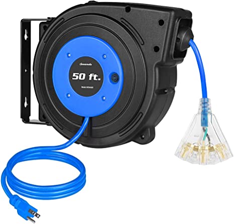 DEWENWILS Retractable Extension Cord Reel, 50FT Electric Cord Reel with 14AWG/3C SJTOW, 13A Circuit Breaker, Wall/Ceiling Mounted, 3-Lighted Triple Outlets, UL Listed, Blue