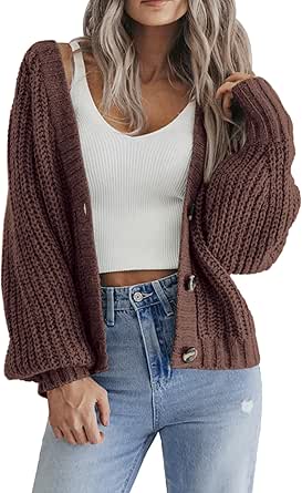 Zeagoo Women's 2024 Fall Chunky Knit Cardigans Open Front Long Sleeve V Neck Button Loose Cardigan Sweaters