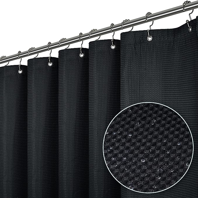 LiBa Waffle Weave Fabric Black Shower Curtain, 72” W x 84” H Water Repellent & Heavyweight, Hotel Quality & Machine Washable Cloth Linen Long Shower Curtains Set and Shower-Liner for Bathroom