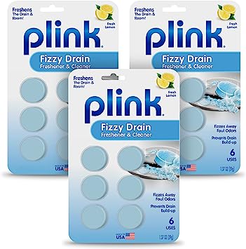 Plink Fizzy Drain Freshener and Cleaner, Prevents Clog Buildup and Removes Sink Odors in Bathrooms, Kitchens, and Homes, Septic-Friendly, Lemon Scent, 3 Packs of 6, 18 Tablets Total
