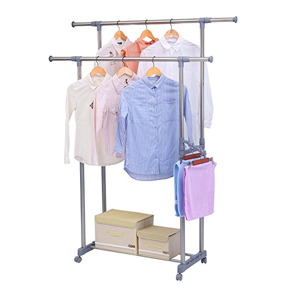 Excelvan XR-104S Double Rail Adjustable Rolling Clothing Garment Rack with Side Rods, Swing Arm Holders and Wheels