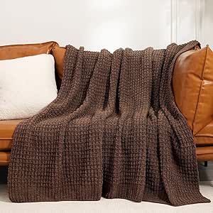 PHF Chenille Waffle Knit Throw Blanket- Plush Warm & Cozy 50" x 60" Ultra Soft Blanket- Chunky Fluffy Waffle Throw Blanket for Couch Bed Sofa - Cocoa Brown