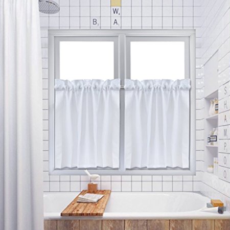 Tier Curtains,Waffle Weave Textured Tailored Short Curtains for Bathroom Water Repellent Window Covering Kitchen Cafe Curtains - 30" x 24", White, Set of 2