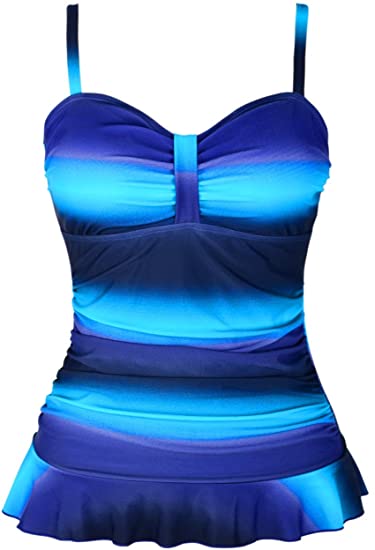 Hilor Women's 50's Retro Ruched Tankini Swimsuit Top with Ruffle Hem