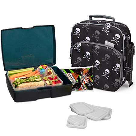 Bentology Lunch Bag and Box Set - Includes Insulated Bag with Handle, Bento Box, 5 Containers and Ice Pack - Skulls