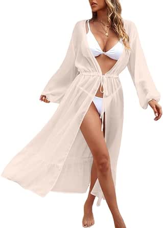 Dokotoo Women's 2024 Summer Tie Waist Open Front Beach Swimsuit Cover Up Maxi Sheer Kimonos Dress Vacation Outfits