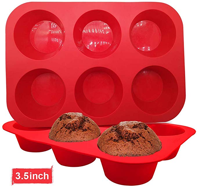WALFOS BPA Free Silicone Jumbo Cupcake Pans - Texas Size Muffin Pans Set - Non Stick 6 Large/Big Baking cups, Set of 2,Dishwasher & Microwave Safe - Pop Out Easily