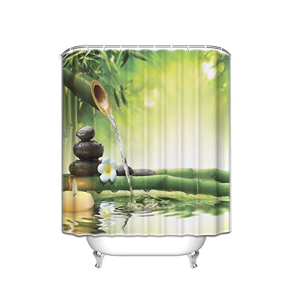 Vandarllin Zen Garden Theme Resistant Fabric Shower Curtain Set 72" x 84" Long Bathroom Decor,Spa Decor View for Magical Jasmine Flower Japanese Design Relaxation Bamboos Candles, Green Yellow