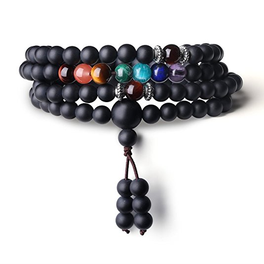 AmorWing Buddhist Prayer 108 Mala Beads Matte Onyx 7 Chakra Semi Precious Gemstone Bracelet/Necklace 6mm