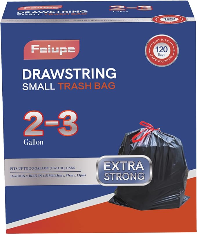 Feiupe 2-3 Gallon Drawstring Trash Bag,Small Garbage Bag Trash Can Liner Suitable for 2 Gallon,2.3 Gallon,2.4 Gallon,2.5 Gallon,2.6 Gallon and 3 Gallon Trash Bin (Black)