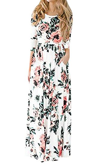 Pxmoda Women's Fashion Spring 3/4 Sleeve Classic Rose Maxi Dresses