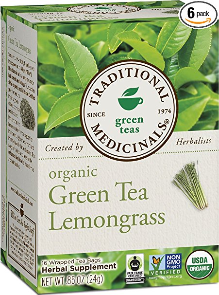 Traditional Medicinals Organic Green Tea Lemongrass Tea, 16 Tea Bags, .85 Oz (Pack of 6)