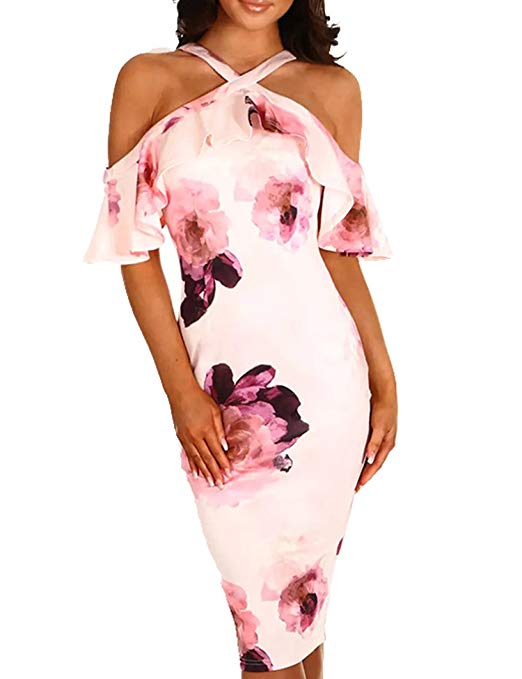 Murimia Womens Dresses Summer Off The Shoulder Ruffle Floral Print Bodycon Midi Dress