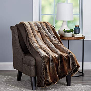 Bedford Home Throw-Luxurious, Hypoallergenic Premium Zobel Marten Sable Fur Blanket with Faux Mink Back and Gift Box, 60x70”, Amber Brown