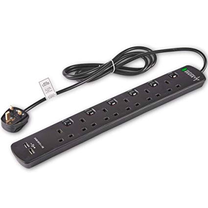 VonHaus 6 Gang   2 USB Socket Extension Lead With LED Indicator & Surge Protection – 6-Way Power Source – Ideal for Living Room/Kitchen/Gaming/Garage/Entertainment Systems/Home Office