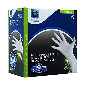 Premier Prestige Soft Vinyl Exam Gloves, Sterile, Natural, Latex Free, Large (Pack of 50)