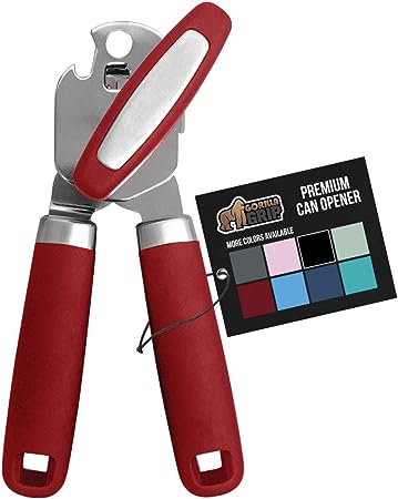 Gorilla Grip Heavy Duty Handheld Manual Can Opener, Stainless Steel Bottle Lid Openers, Easily Open Cans, Sharp Blade Smooth Edge Cut, Easy Turn Knob for Senior Arthritis Hands, Kitchen Gadgets, Red