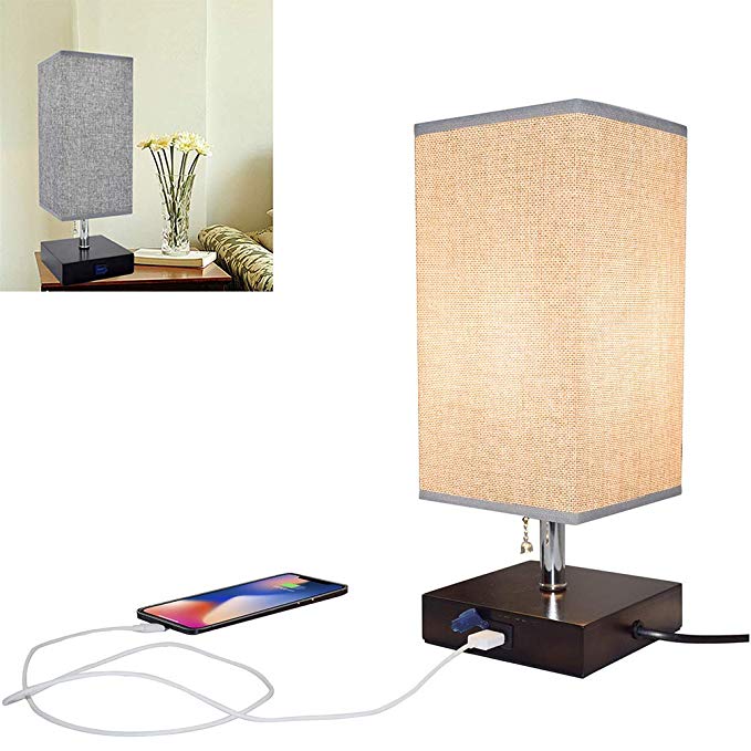 Grey USB LED Bedside Table Lamp, Modern Desk Lamp, Eye-Care Square Wooden Nightstand Light with E26 Bulb and USB Port Reading for Bedroom, Living Room, College Dorm, Coffee Table