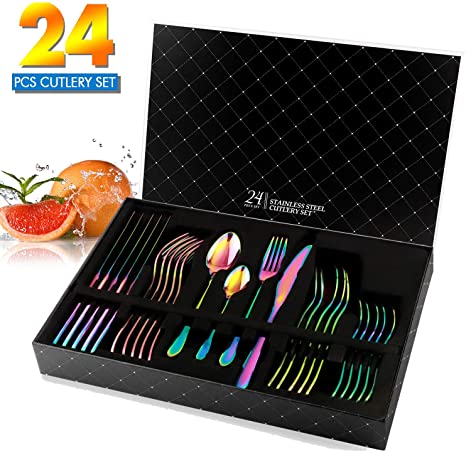 Rainbow Cutlery Set, HOBO 24 Piece Stainless Steel Flatware Set, Silverware Dinnerware Set Service for 6, Tableware Cutlery Include Knife/Fork/Spoon/Teaspoon for Home with Gift Box(Rainbow Multicolor)