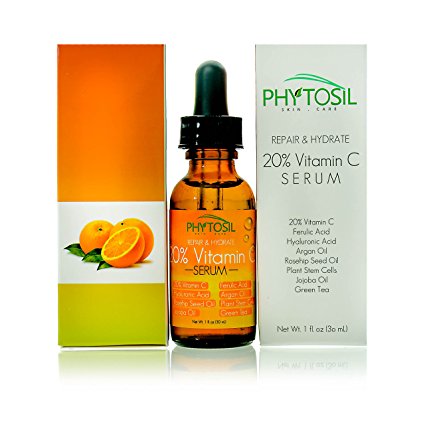 New!! Organic 20% Vitamin C Serum - With Hyaluronic Acid, Ferulic Acid, Argan Oil, Vitamin E, Rosehip Seed Oil, Plant Stem Cells- Fights Wrinkles & Airbrushes Skin to Perfection - Phytosil, 1 oz