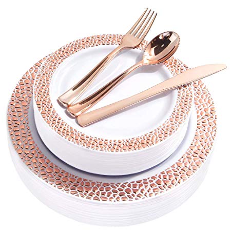BUCLA 25 Guest Rose Gold Plastic Plates with Disposable Plastic Silverware, Hammered Design Plastic Tableware include 25 Dinner Plates,25 Salad Plates,25 Forks, 25 Knives, 25 Spoons