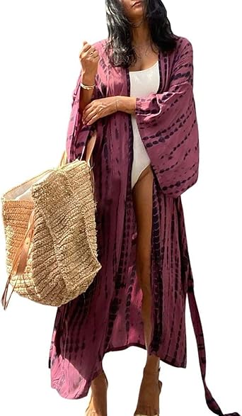 Bsubseach Stylish Tie Dye Open Front Long Kimono Swimsuit Cover up for Women