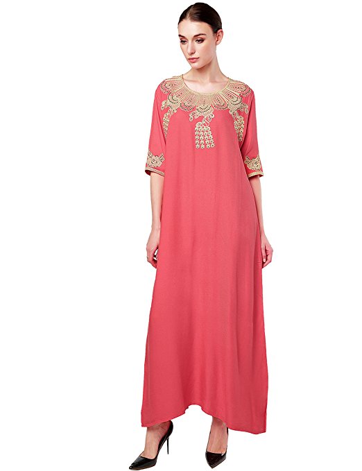 Muslim kaftan dubai long sleeve dress with embroidery for women Islamic clothing rayon gown jalabiyas
