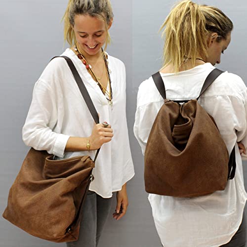 Soft Leather convertible backpack purse Crossbody bag slouchy brown side messenger hobo Handmade