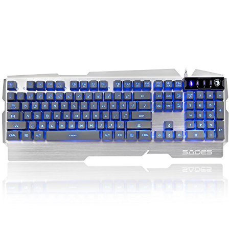 SADES k9 Splash proof Gaming Keyboard 3 Adjustable Colors Backlight 104 Keys Metal Panel USB Wired Plug and Play For PC Laptop Silver