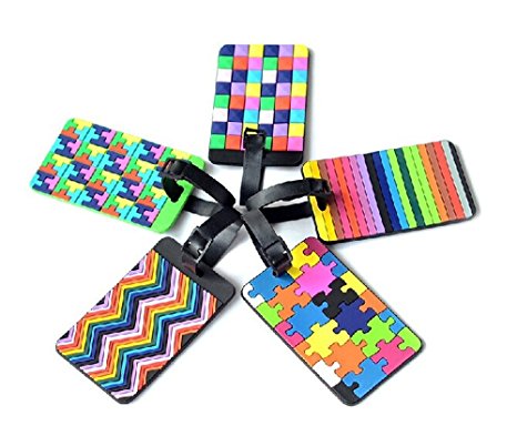 Adecco LLC 5pcs Colorful Tetris Pattern Rubber ID Tags Business Card Holder for Luggage Baggage Travel Identifier, Suitcase Label