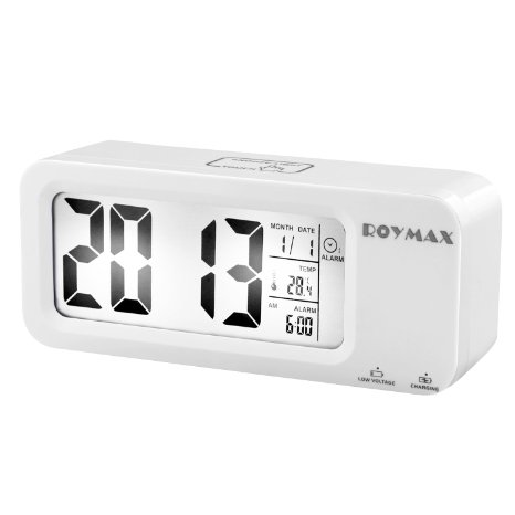 ROYMAX Morning Clock, Built-in Battery Operated Clock with Large Back-lit Numbers, Lasting FOR 3 MONTHS on a Single 12 Hours Charge, USB Cable Included, 5 Day and 7 Day Alarm Setting (White)