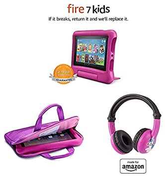 Fire 7 Kids Tablet, 7" Display (16 GB, Pink)   Zipper Sleeve (Purple)   Pink PlayTime Bluetooth Headset