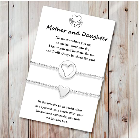 Mother Daughter Bracelet Set for 2 Pinky Promise Matching Cutout Heart Wish Bracelets for Mom and Daughter Jewelry Gift for Mother's Day
