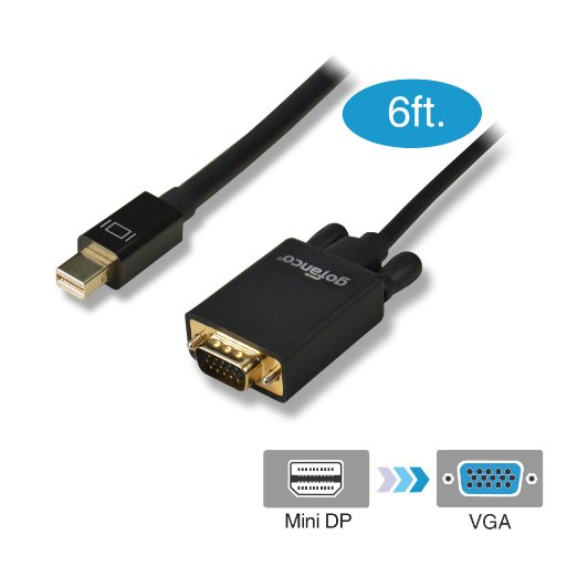 gofanco® Gold Plated 6 Feet Mini DisplayPort to VGA Adapter Cable - Black Thunderbolt Compatible MALE to MALE for Apple MacBooks, Mac Mini, Microsoft Surface Pro's & Surface 3, Google Chromebook Pixel, Laptops with Mini DP Ports to Connect to VGA Displays