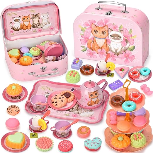 Lajeje Cat Tea Party Set for Little Girls - 49pcs Pretend Play Toy, Birthday Gift for Toddlers Ages 3 4 5 6 Year Old, Includes Kitten Tin Tea Set, Desserts, and Carrying Case, Cat Design