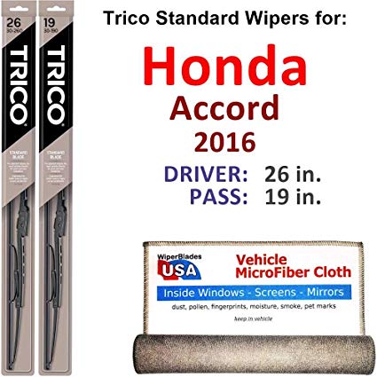 Wiper Blades for 2016 Honda Accord Driver & Passenger Trico Steel Wipers Set of 2 Bundled with Bonus MicroFiber Interior Car Cloth