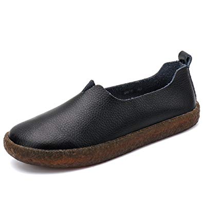 Zefani Women's Comfortable Leather Slip On Flat Loafers Summer Round Toe Walking Shoes