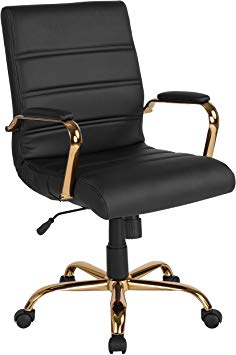 Flash Furniture Mid-Back Black Leather Executive Swivel Office Chair with Gold Frame and Arms