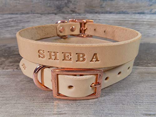 Personalized Rose Gold Copper Off White Leather Dog Collar with FREE Name, Pick Your Font