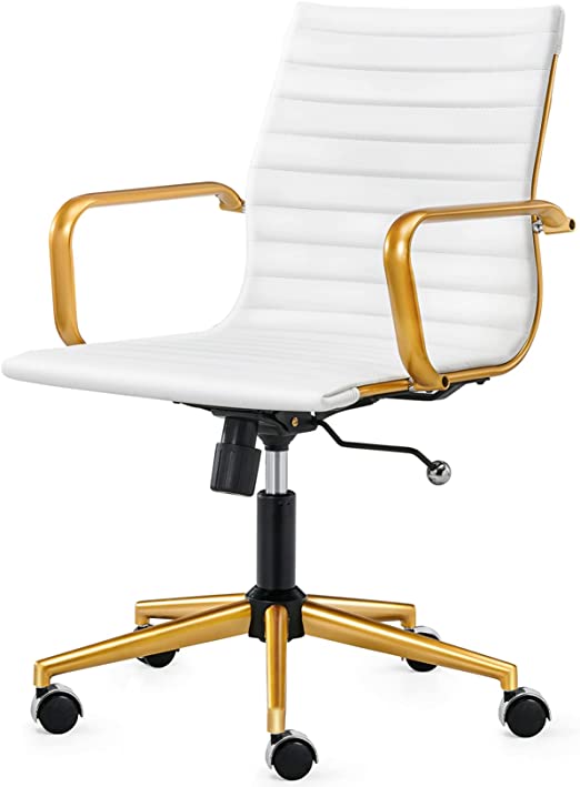 LUXMOD Gold Office Chair in White Leather, Mid Back Office Chair with Armrest, White and Gold Ergonomic Desk Chair for Back Support, Modern Executive Chair, Gold Swivel Chair - White