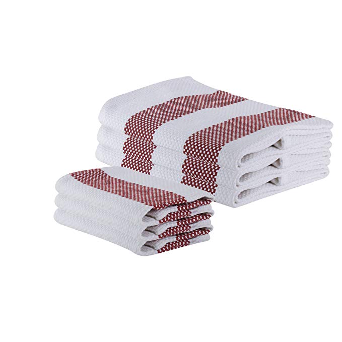 The Weaver's Blend Set of 3 Kitchen Towels + 3 Dish Cloths, Basket Weave, 100% Cotton, Absorbent, Size 28”x18” and 12’x12”, Red Stripe,Kitchen Towels and Dish Cloths
