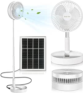 Standing Fan with Portable Solar Panel, 8" Telescopic Foldable Desk Fan, Rechargeable Battery Operated Pedestal Fans 3 Speeds Quiet Height Adjustable USB Floor Fan for Bedroom Home Travel