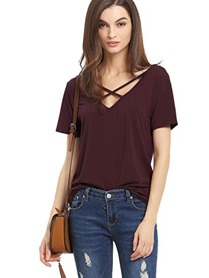 Romwe Women's Casual Short Sleeve Solid V-Neck T-Shirt Tops