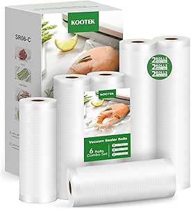 Kootek Vacuum Sealer Bags for Food, 6 Rolls for Custom Fit Food Storage, Meal Prep or Sous Vide, 11"x10'(2 Rolls), 8"x10'(2 Rolls), and 6"x10'(2 Rolls) Commercial Grade Vacuum Seal Freezer Bags Rolls