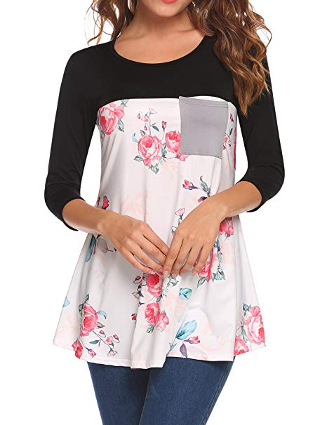 EASTHER Women Casual Floral O-Neck 3/4 Sleeve Patchwork Shirts Blouse Tops