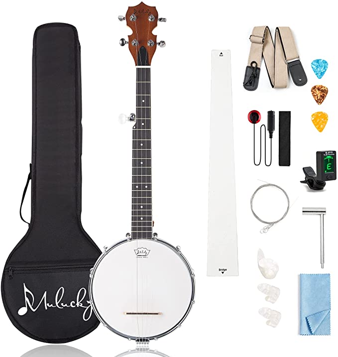 Mulucky 5 String Banjo Mini - 28 Inch Travel Banjo Sapele Body Closed Solid Back Beginner Kit With Gig Bag Tuner Picks Strings Strap - B806