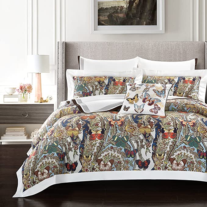 Casabolaj Fiarady Luxury Floral Duvet Covers Set 3 Pieces Egyptian Cotton Sateen 400 Thread Count Tropical Bright Vibrant Native Abstract Button Closure and Corner Ties Available(Queen)