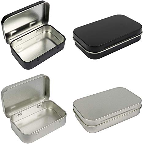 4 Pack Metal Rectangular Empty Hinged Tins Box Containers 3.75 by 2.45 by 0.8 Inch Silver & Black Mini Portable Box Small Storage Kit Home Organizer (2 Black 2 Silver)