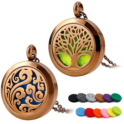 RoyAroma 2PCS Chocolate Color Aromatherapy Essential Oil Diffuser Necklace Pendant Locket Jewelry, 24" Adjustable Chain Stainless Steel Perfume Necklace