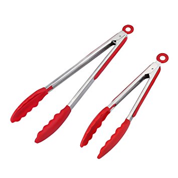 Kitchen Tongs,Xpener 9-inch and 12-inch Stainless Steel Silicone Kitchen Tongs with Heat Resistant Tips (Red)